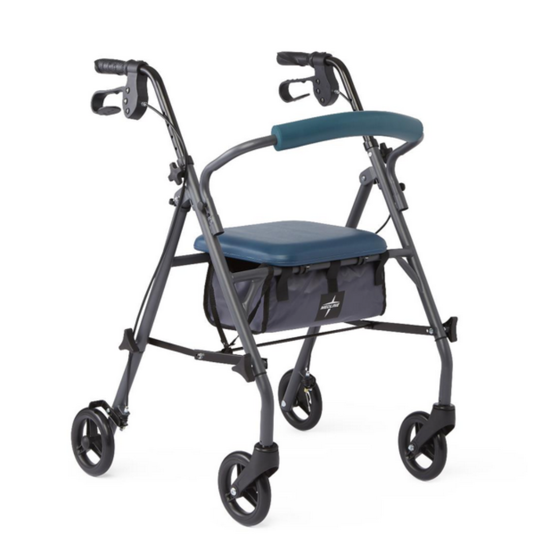 The Medline Steel Rollators with Microban is a sleek gray walker featuring four black wheels, padded handles, and a blue seat. Antimicrobial protection and an ergonomic design ensure optimal mobility support and everyday use, while a storage bag is conveniently located beneath the seat.
